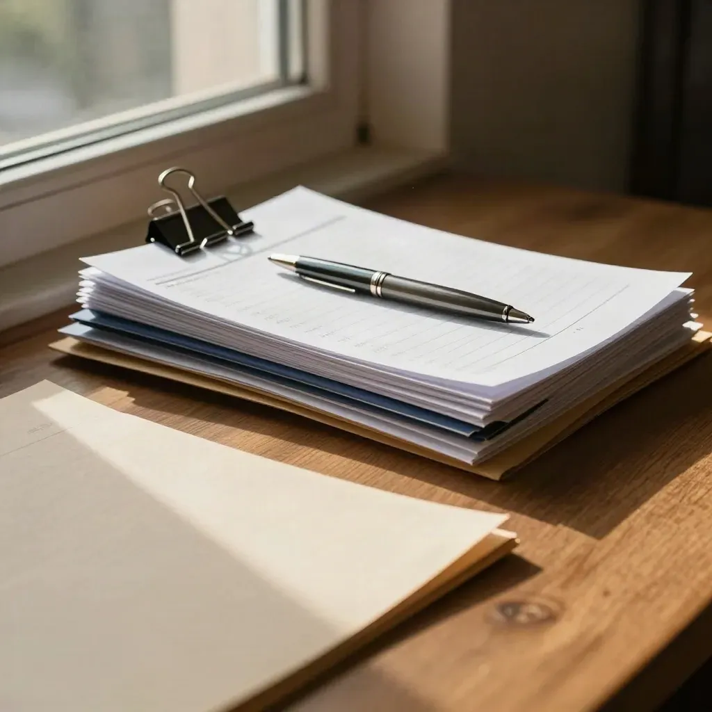 Audit notes, binder clips, steel pen and divider folders by a window with warm light.
