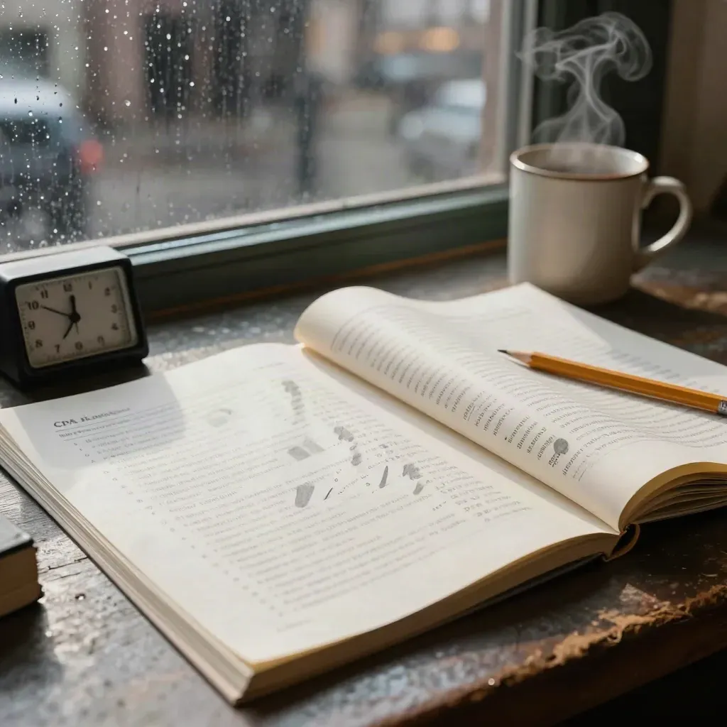 Rainy café window close-up of CPA mock test pages, timer, pencil and steam at the final minute