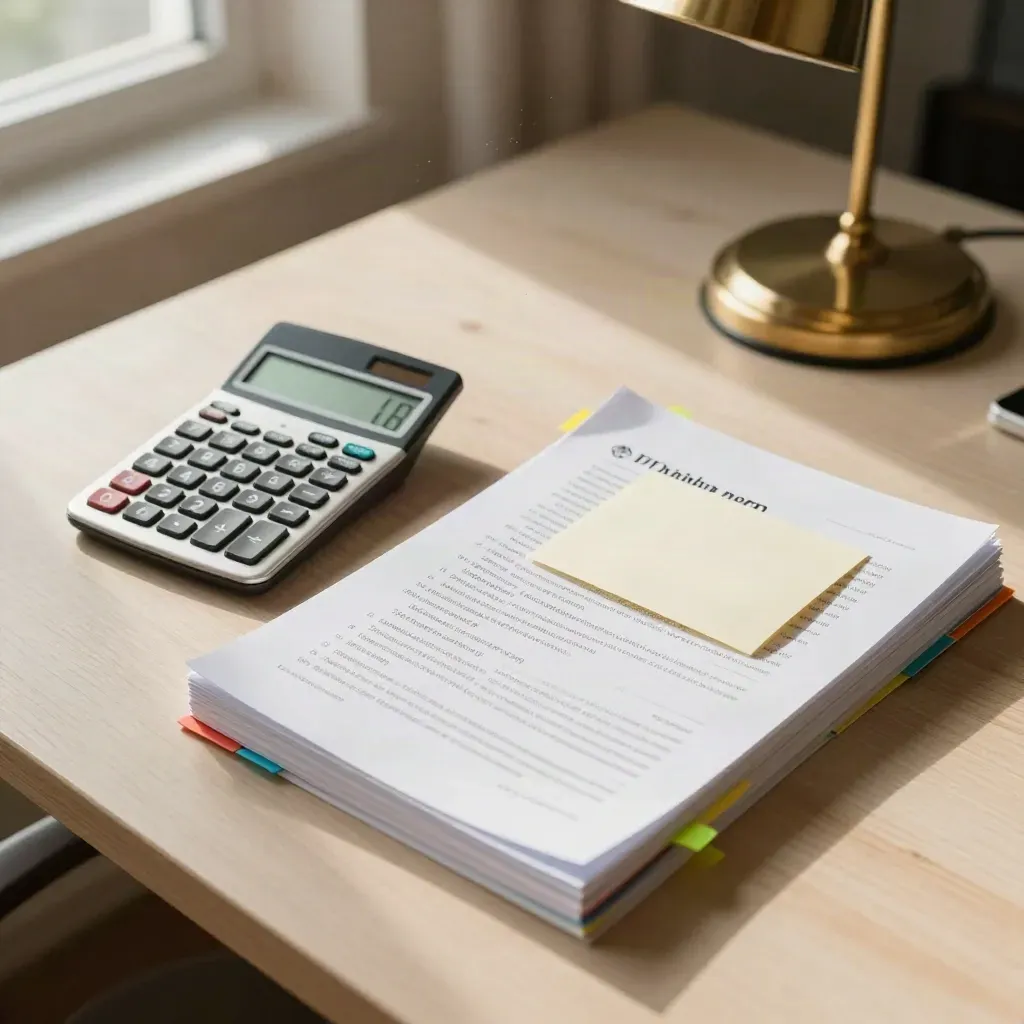 Top-down revision set with calculator, colour tabs, note card and brass lamp base in warm morning light.