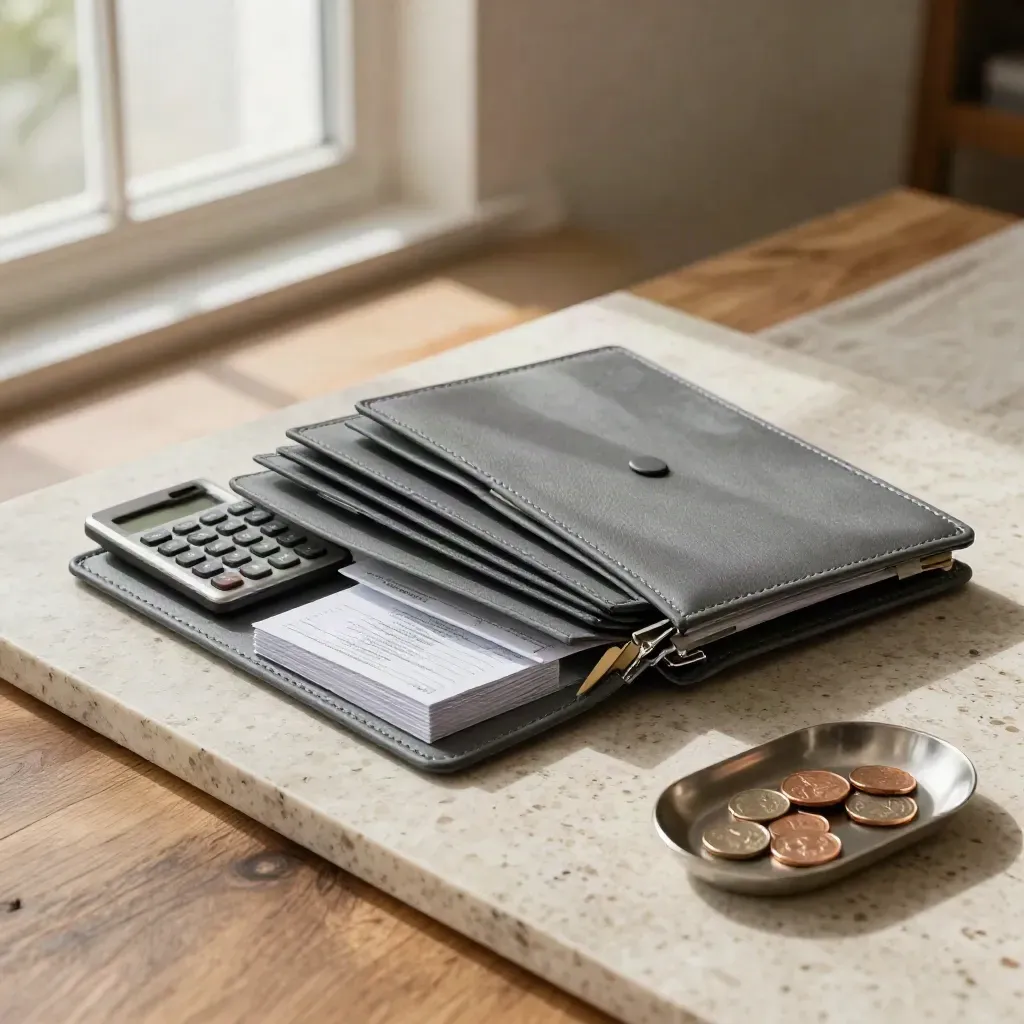 Tax study bundle with calculator, divider tabs and coin tray on a travertine windowsill.