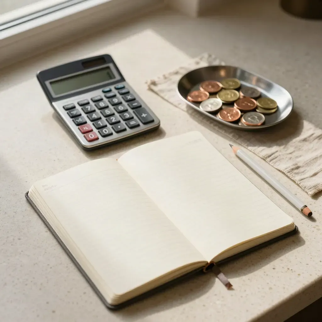 Bookkeeping starter kit with ledger, calculator, coin tray and pencil on creamy stone.