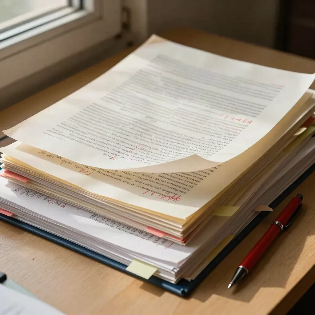 Marked exam scripts with red feedback, tabs and a pen, pages mid-turn on a wooden surface.
