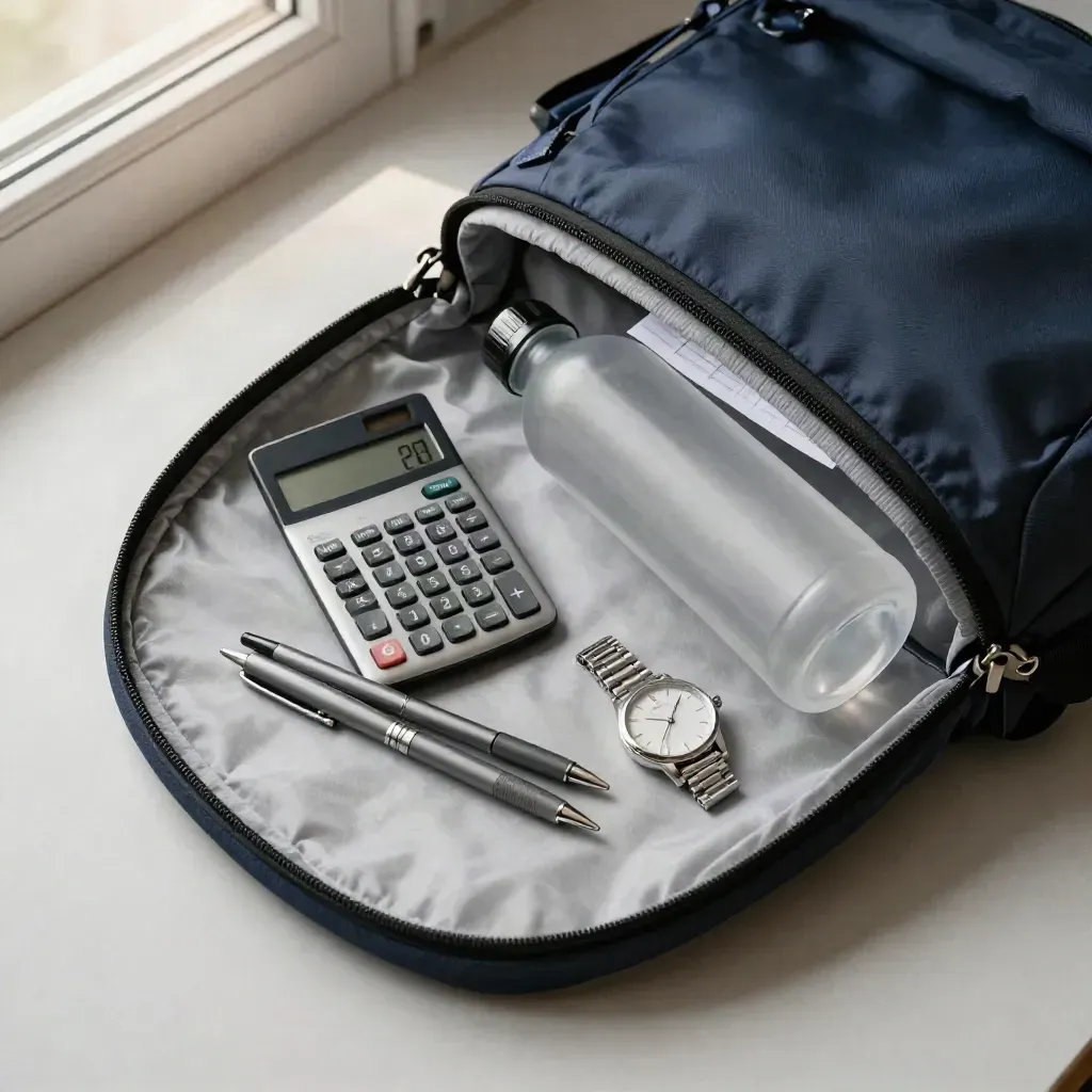 Open exam bag with calculator, pens, watch and water bottle on a pale floor in soft morning light.