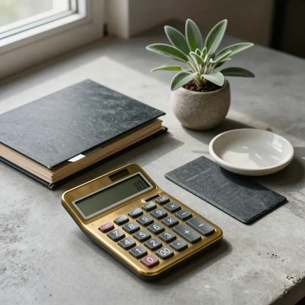 Brass calculator, tax binder, plant and dish on concrete in soft window light.