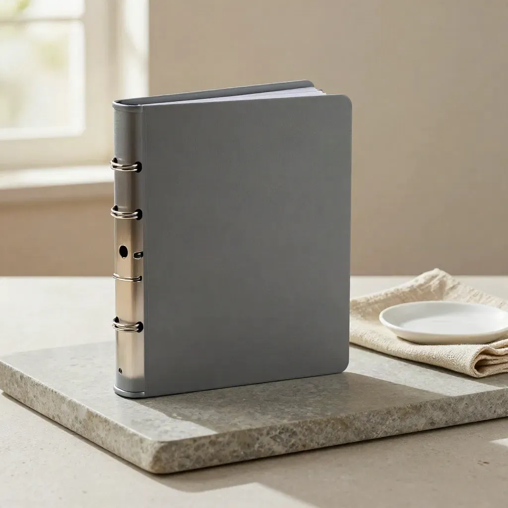Ring binder with grey dividers and folded linen on a stone tray, audit checks still life.